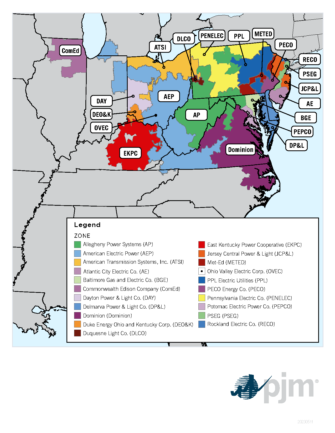 PJM Transmission Zones map showing ComEd territory (purple, upper left) within the 13-state PJM grid