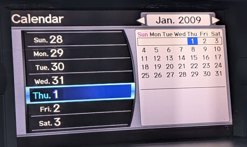 The navigation calendar showing January 2009 with Thursday the 1st highlighted.