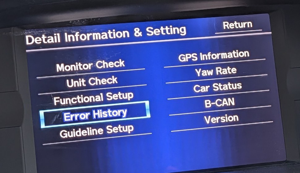 The Detail Information and Setting menu listing Monitor Check, Unit Check, Functional Setup, Error History, Guideline Setup, GPS Information, Yaw Rate, Car Status, B-CAN and Version.