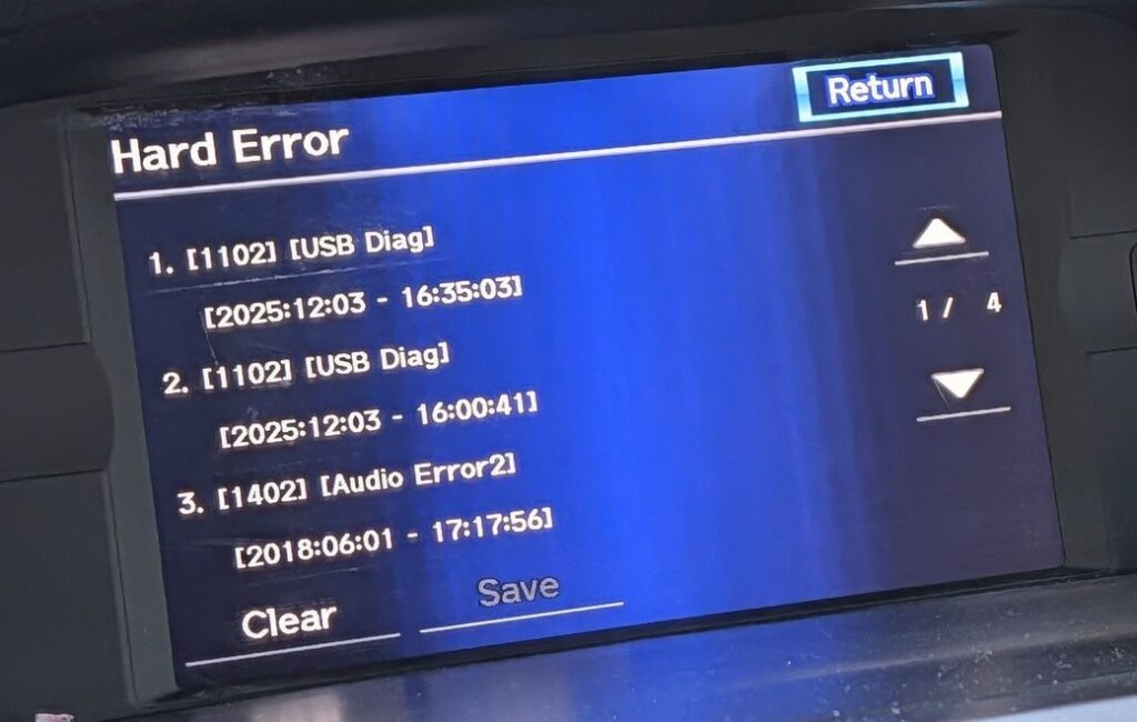 The Hard Error screen listing two USB Diag errors stamped 2025:12:03 and one Audio Error2 stamped 2018:06:01. The page counter reads 1 / 4.
